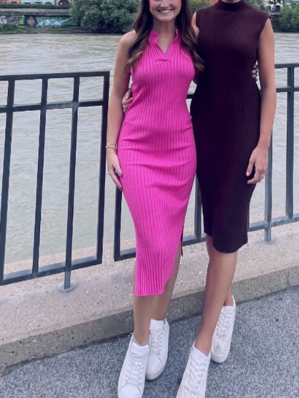 Sleeveless Ribbed Midi Dress in Hot Pink